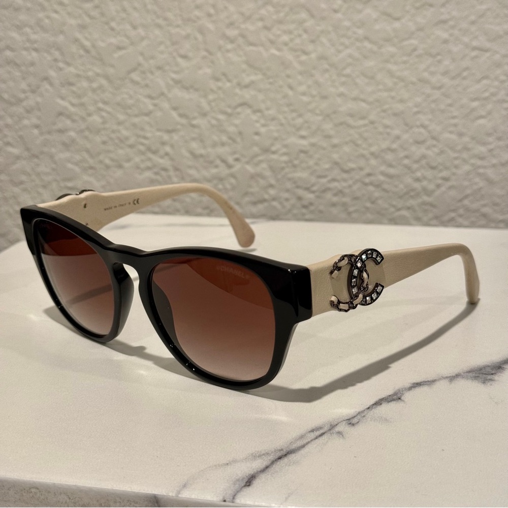 Chanel 5455-Q-B Black Acetate & Beige Leather Sunglasses Crystal CC Logo w/Case